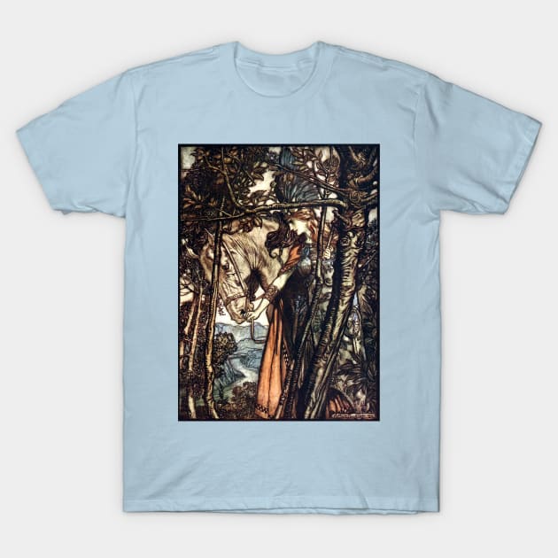 Brunnhilde Going to the Cave - Rhinegold and the Valkyries, Arthur Rackham T-Shirt by forgottenbeauty